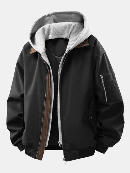 Relaxed fit contrast corduroy bomber jacket with removable hood | Last day 80% off!