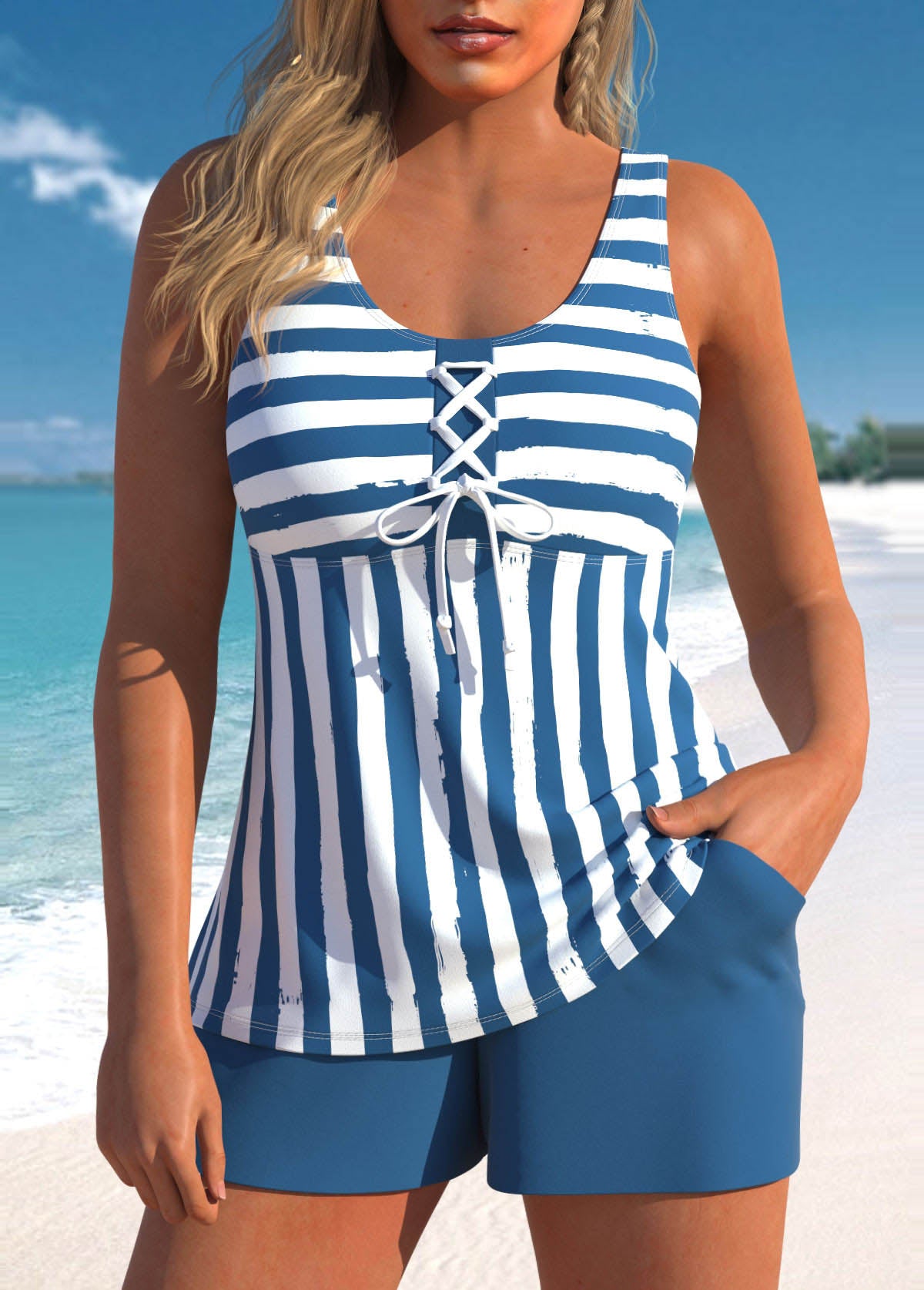 Emma I Trendy Striped Tankini with Lacing I Last Day 80% Discount!