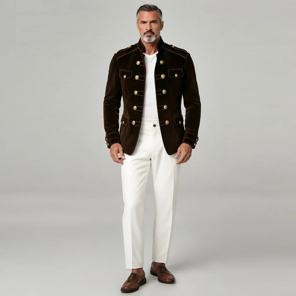 Men's Suede Double-Breasted Jacket – Stand Collar, Pockets