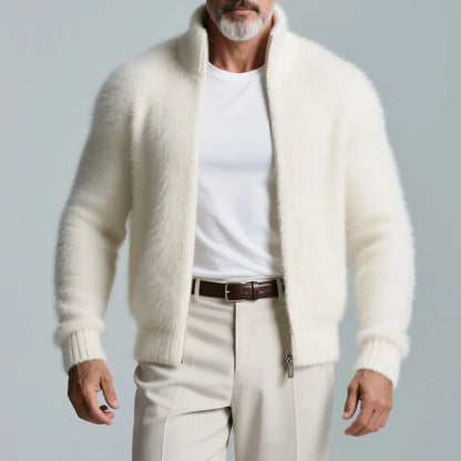 Men's High Neck Plush Knit Zip-Up Sweater Jacket
