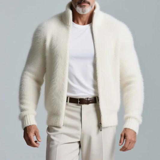 Men's High Neck Plush Knit Zip-Up Sweater Jacket
