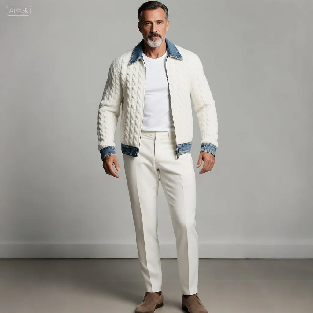 Men's Cable Knit Zip Jacket – Denim Trim, Shirt Collar