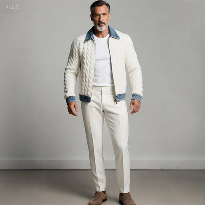 Men's Cable Knit Zip Jacket – Denim Trim, Shirt Collar