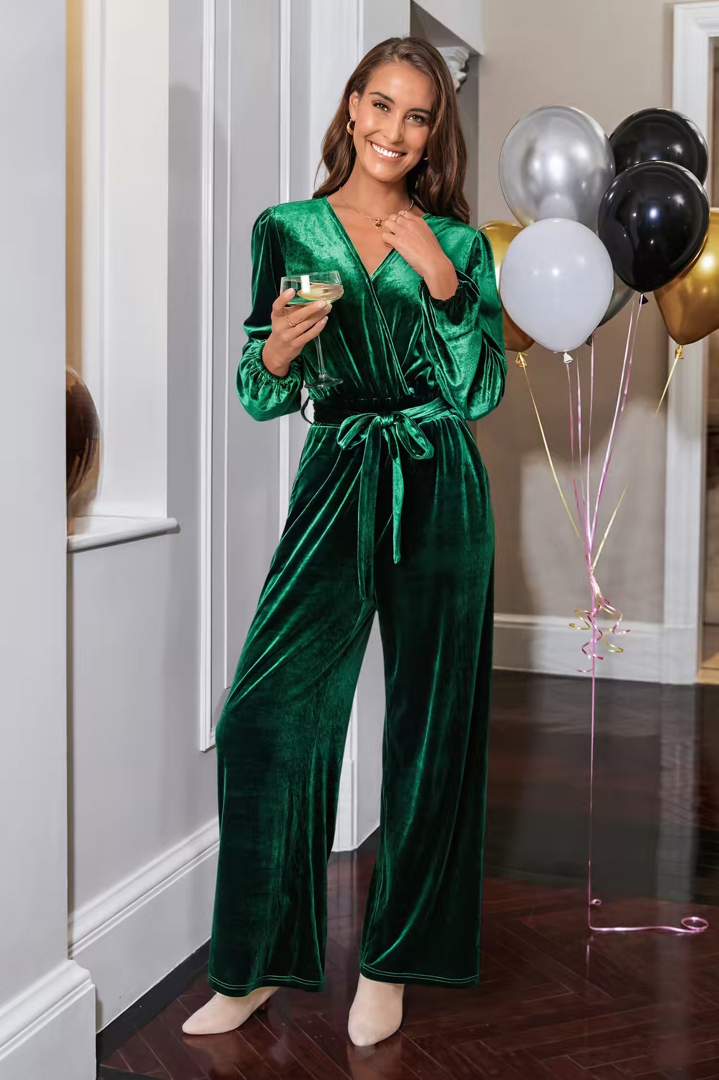 Green Velvet Long Sleeve Straight Leg Jumpsuit | Last day 80% off!