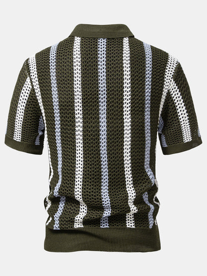 Striped Crocheted V-Neck Polo & Linen Straight Leg Trousers | Last day 80% off!