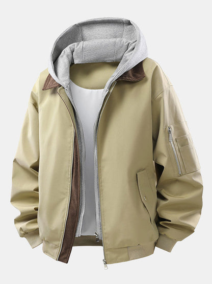 Relaxed fit contrast corduroy bomber jacket with removable hood | Last day 80% off!