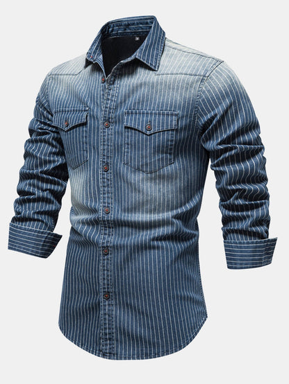 Striped washed denim shirt with pockets | Last day 80% off!