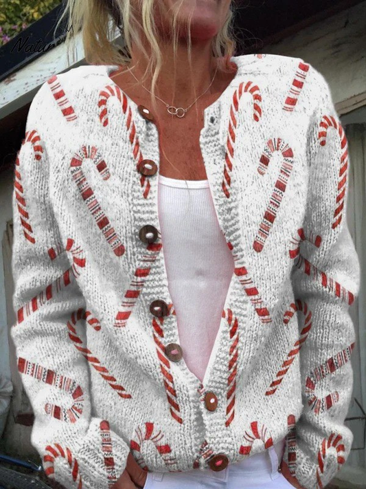 Festive Candy Cane Decorative Pattern Buttoned Cardigan Sweater | Last Day 80% Off!