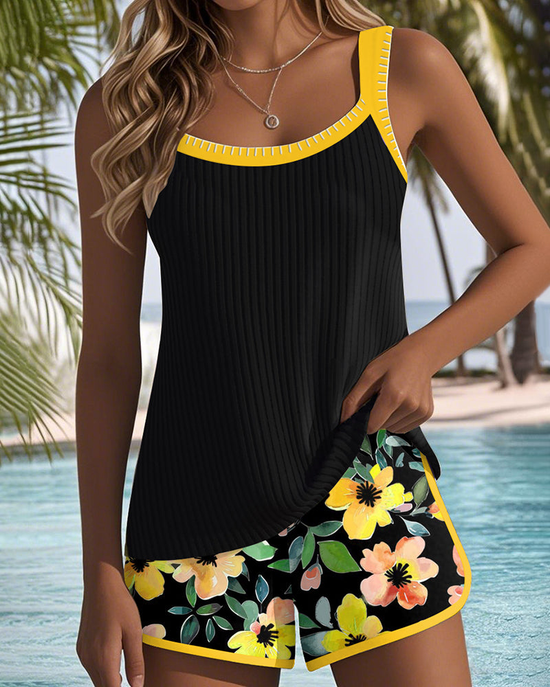 Sophie – Black Tankini with Flowers and Beach Shorts | Last Day 80% Off!