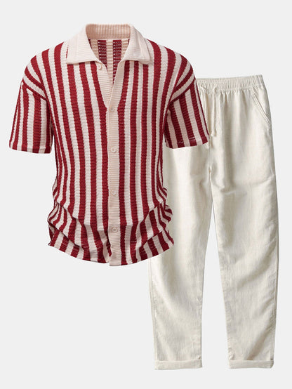 Shirt with drop shoulders and crochet stripes & linen trousers with straight legs | Last day 80% off!