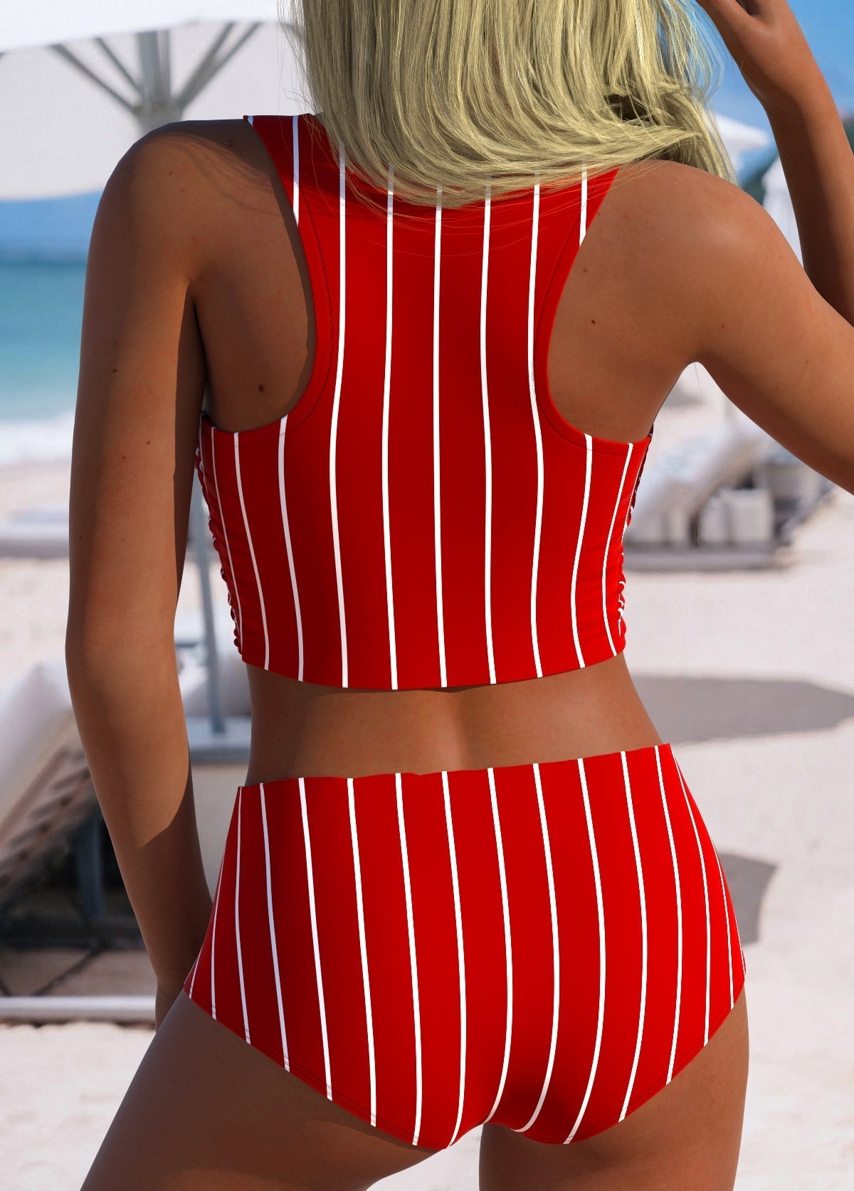 Fresh High Waist Bikini Set with Blue Stripes | Last Day 80% Off!