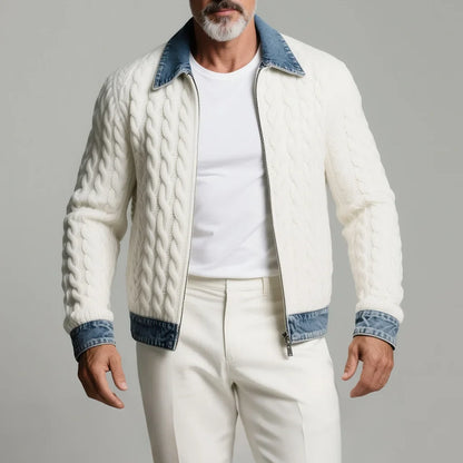 Men's Cable Knit Zip Jacket – Denim Trim, Shirt Collar