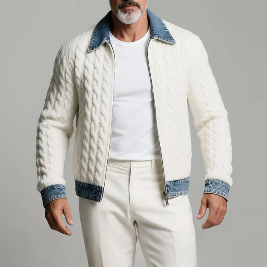 Men's Cable Knit Zip Jacket – Denim Trim, Shirt Collar