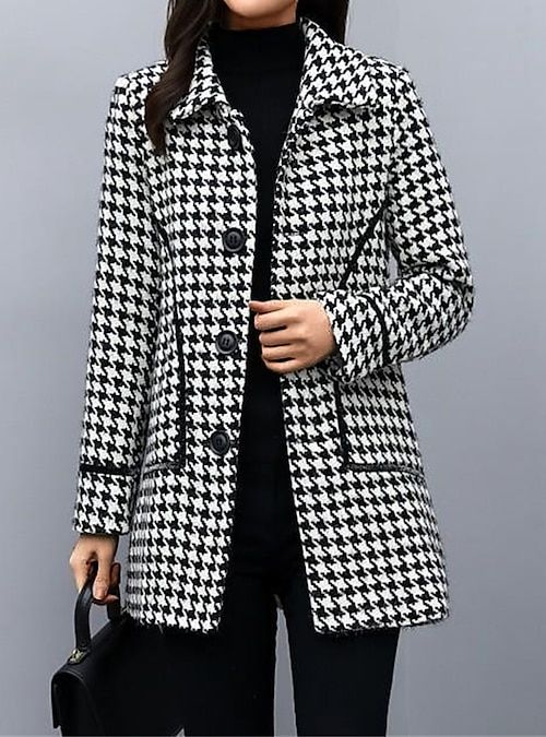 Women's Tweed Plaid Wool Jacket – Medium-Length Spring Overcoat Last day 80% off!
