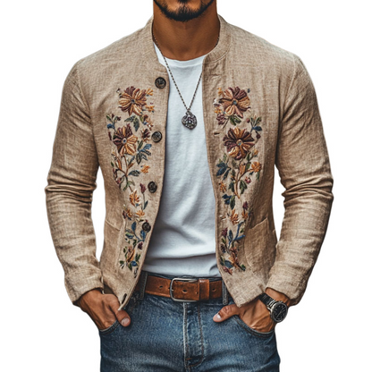 Men’s Casual Linen Embroidered Jacket With Stand Collar And Single-Breasted Closure Slim Fit | Last Day 80% Off!