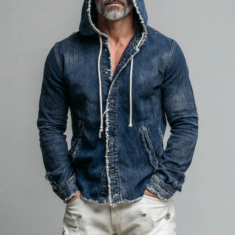 Men's Casual Denim Hooded Jacket – Raw Edge, Drawstring, Pockets