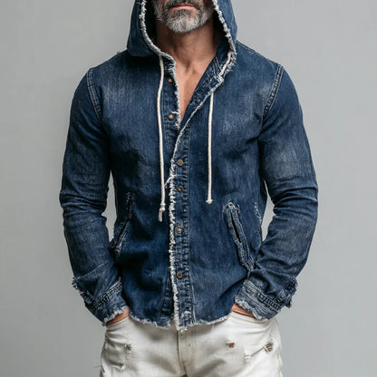 Men's Casual Denim Hooded Jacket – Raw Edge, Drawstring, Pockets