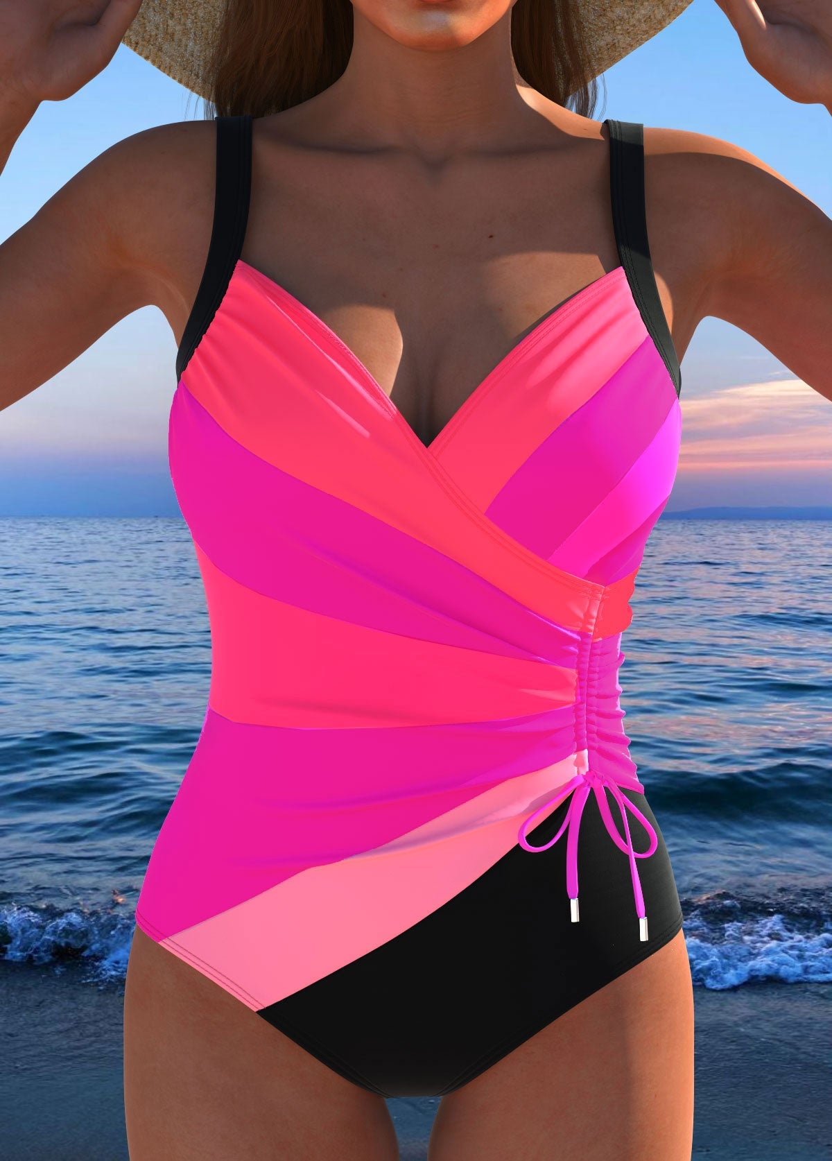 Luxe Surplice Black Swimsuit with Colorful Print | Last Day 80% Off!