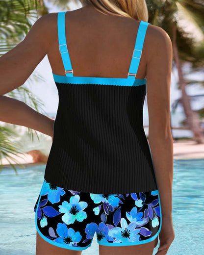 Sophie – Black Tankini with Flowers and Beach Shorts | Last Day 80% Discount!