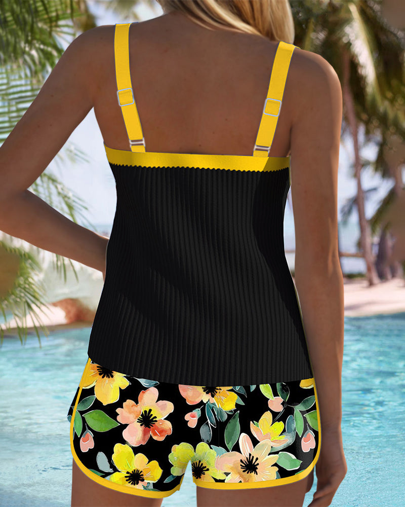 Sophie – Black Tankini with Flowers and Beach Shorts | Last Day 80% Discount!
