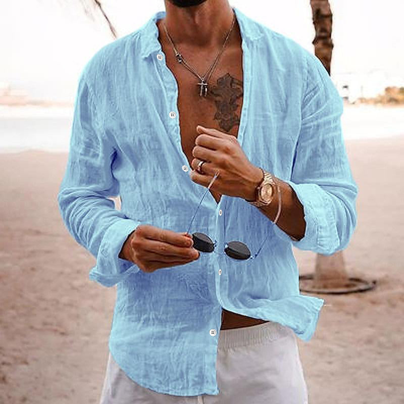 Men's Casual Solid Colour Lapel Cotton Linen Long-Sleeved Shirt 76098441M | Last day 80% off!