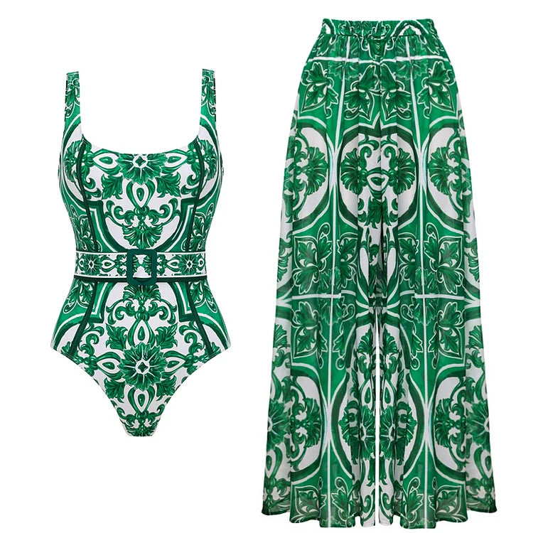 V-Neck One-Piece Swimsuit with Lacing and Print Including Skirt