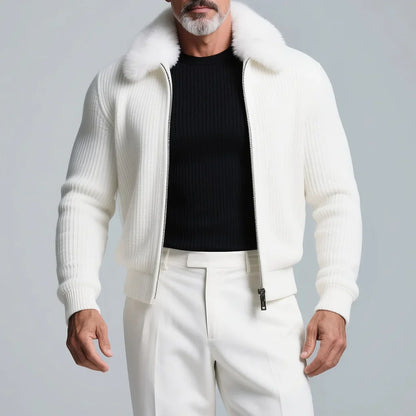 Men's Plush Zip-Up Jacket – Turned Down Collar, Ribbed Knit