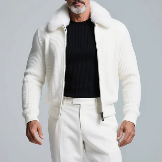 Men's Plush Zip-Up Jacket – Turned Down Collar, Ribbed Knit