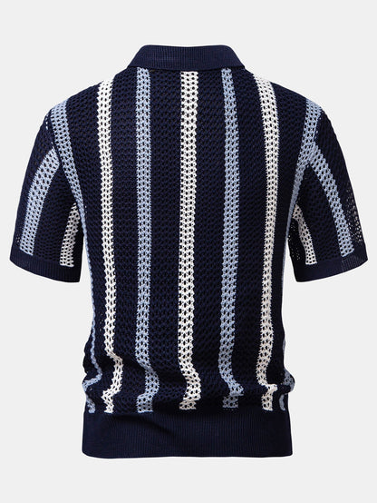 Striped Crocheted V-Neck Polo & Linen Straight Leg Trousers | Last day 80% off!