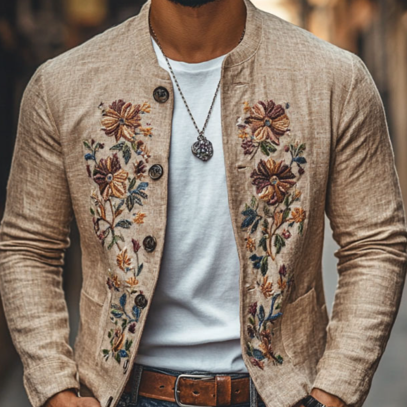 Men’s Casual Linen Embroidered Jacket With Stand Collar And Single-Breasted Closure Slim Fit | Last Day 80% Off!