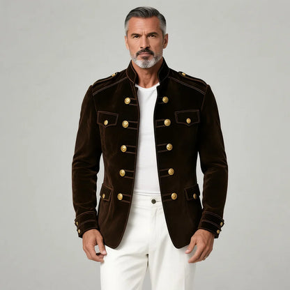 Men's Suede Double-Breasted Jacket – Stand Collar, Pockets