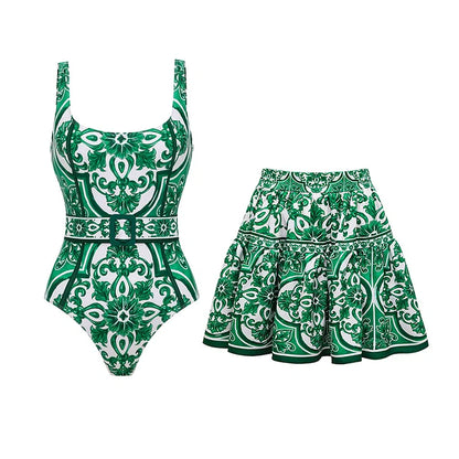 V-Neck One-Piece Swimsuit with Lacing and Print Including Skirt