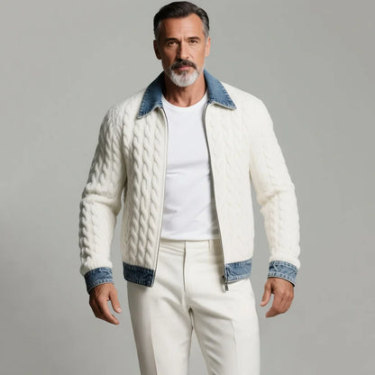 Men's Cable Knit Zip Jacket – Denim Trim, Shirt Collar