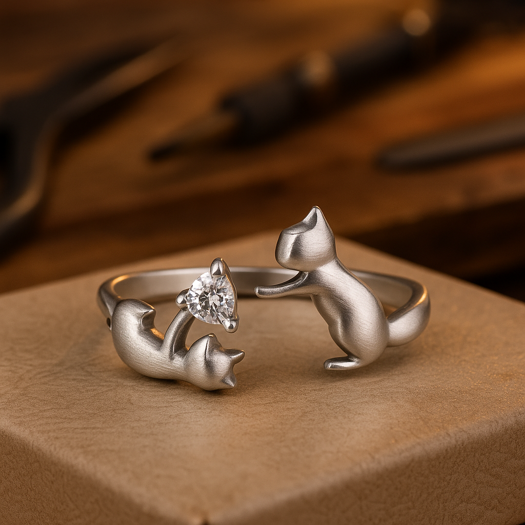 Playful Sterling Silver Cat Adjustable Ring with Zirconia | Last Day 80% Off!