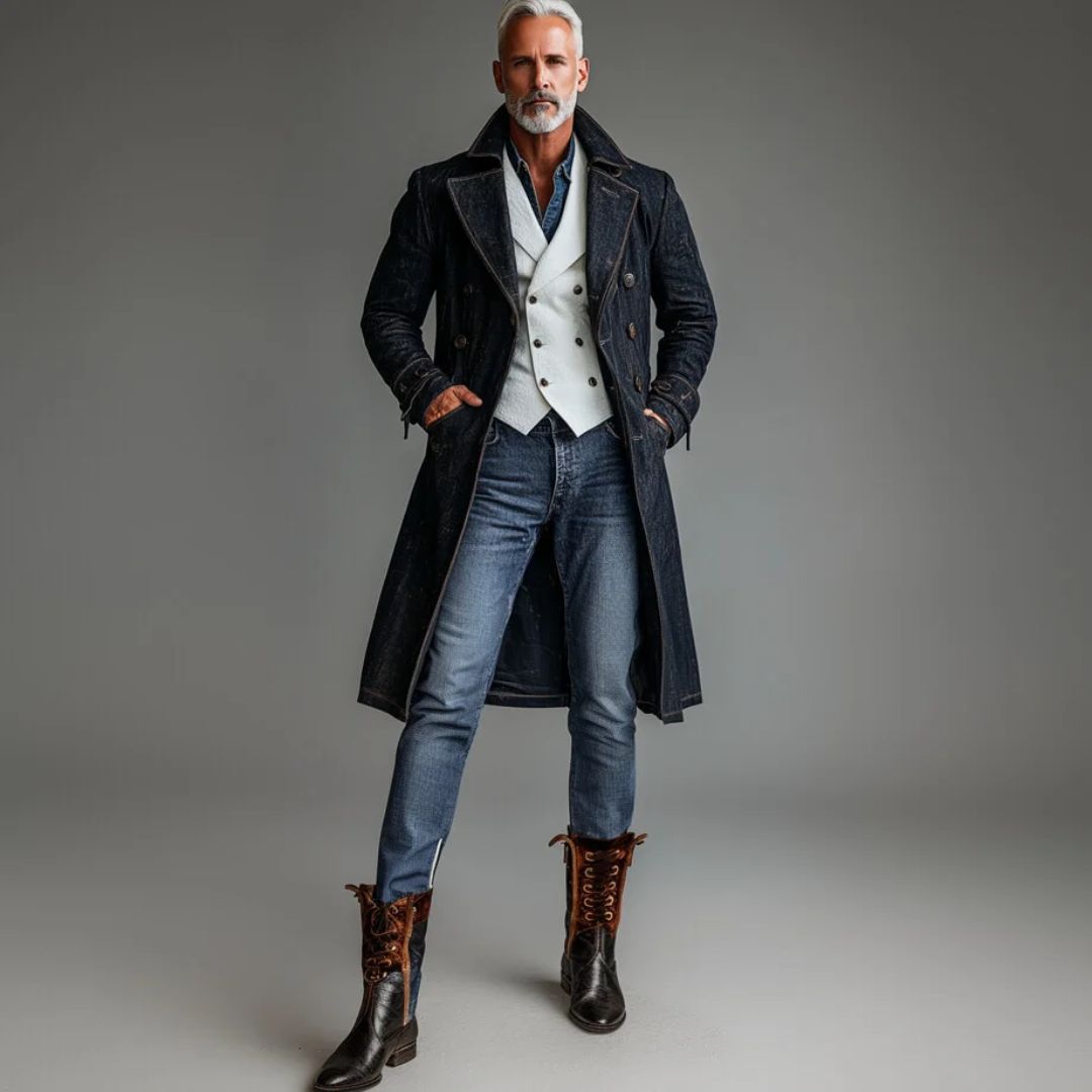 Men's Double-Breasted Denim Trench Coat Last day 80% off!