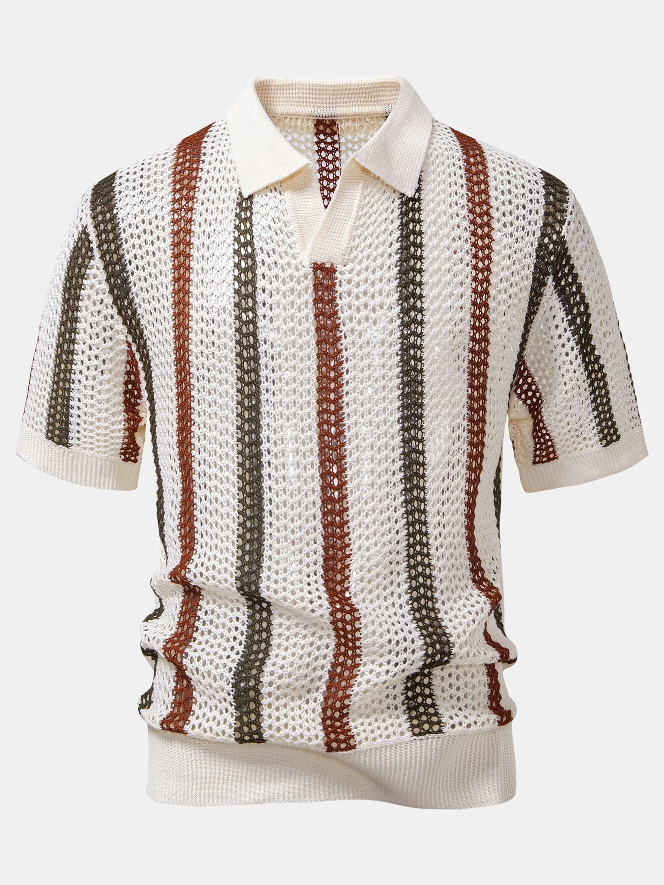 Striped Crocheted V-Neck Polo & Linen Straight Leg Trousers | Last day 80% off!