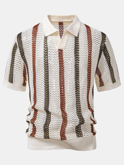 Striped Crocheted V-Neck Polo & Linen Straight Leg Trousers | Last day 80% off!