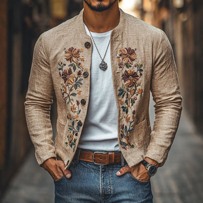 Men’s Casual Linen Embroidered Jacket With Stand Collar And Single-Breasted Closure Slim Fit | Last Day 80% Off!