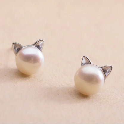 Sterling Silver Cat Pearl Stud Earrings | Last Day 80% Off!