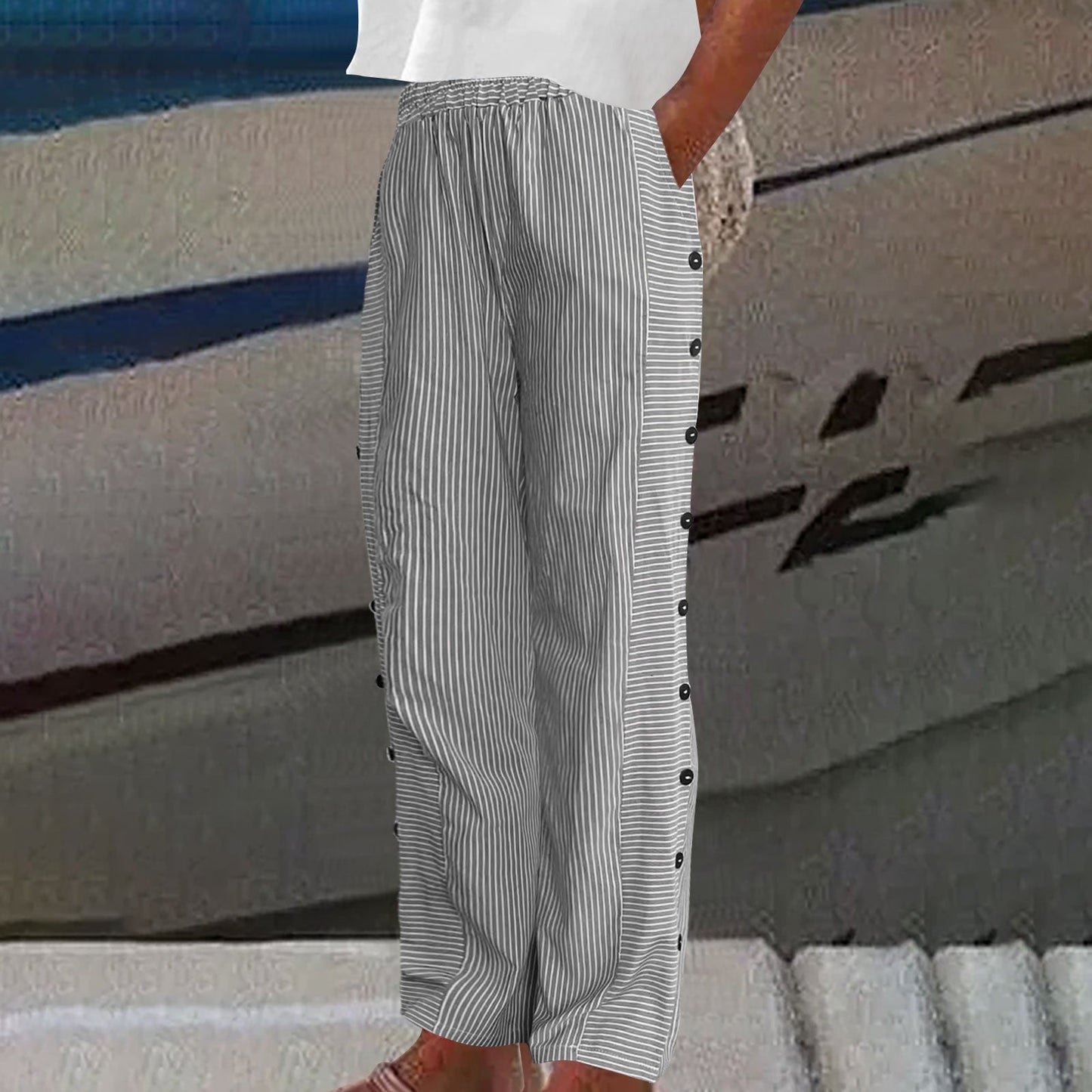 Sera™ - Striped Pants with Button Accent | Last Day 80% Off!
