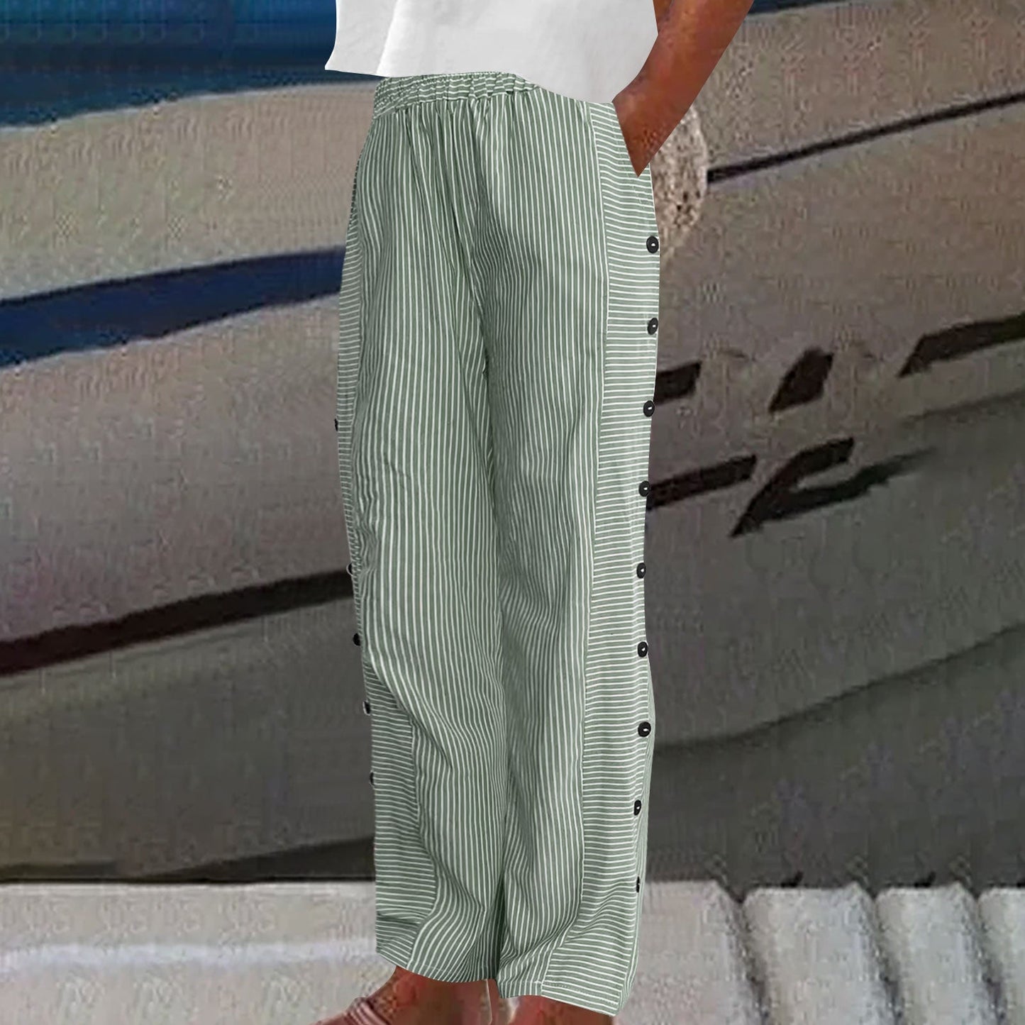 Sera™ - Striped Pants with Button Accent | Last Day 80% Off!