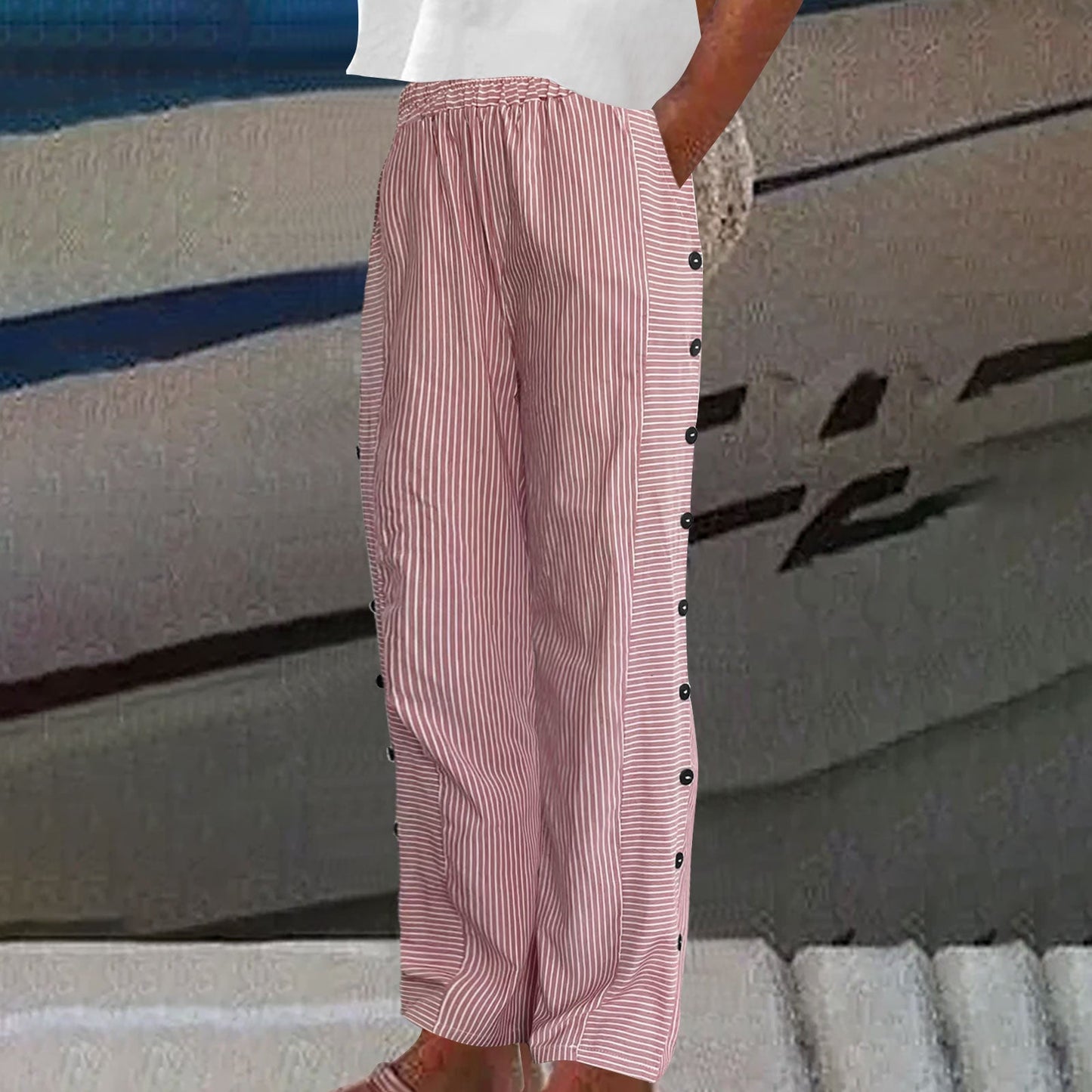 Sera™ - Striped Pants with Button Accent | Last Day 80% Off!