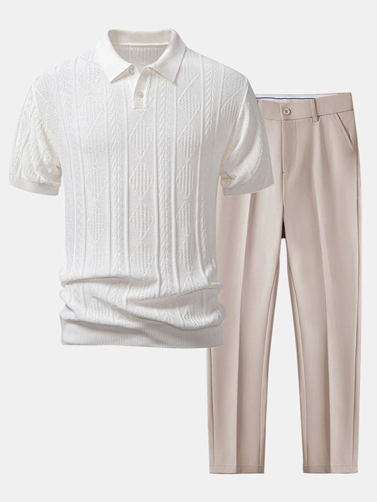 Geometric Jacquard Knitted Polo Shirt & Slim Fit Tapered Trousers | Last day 80% off!