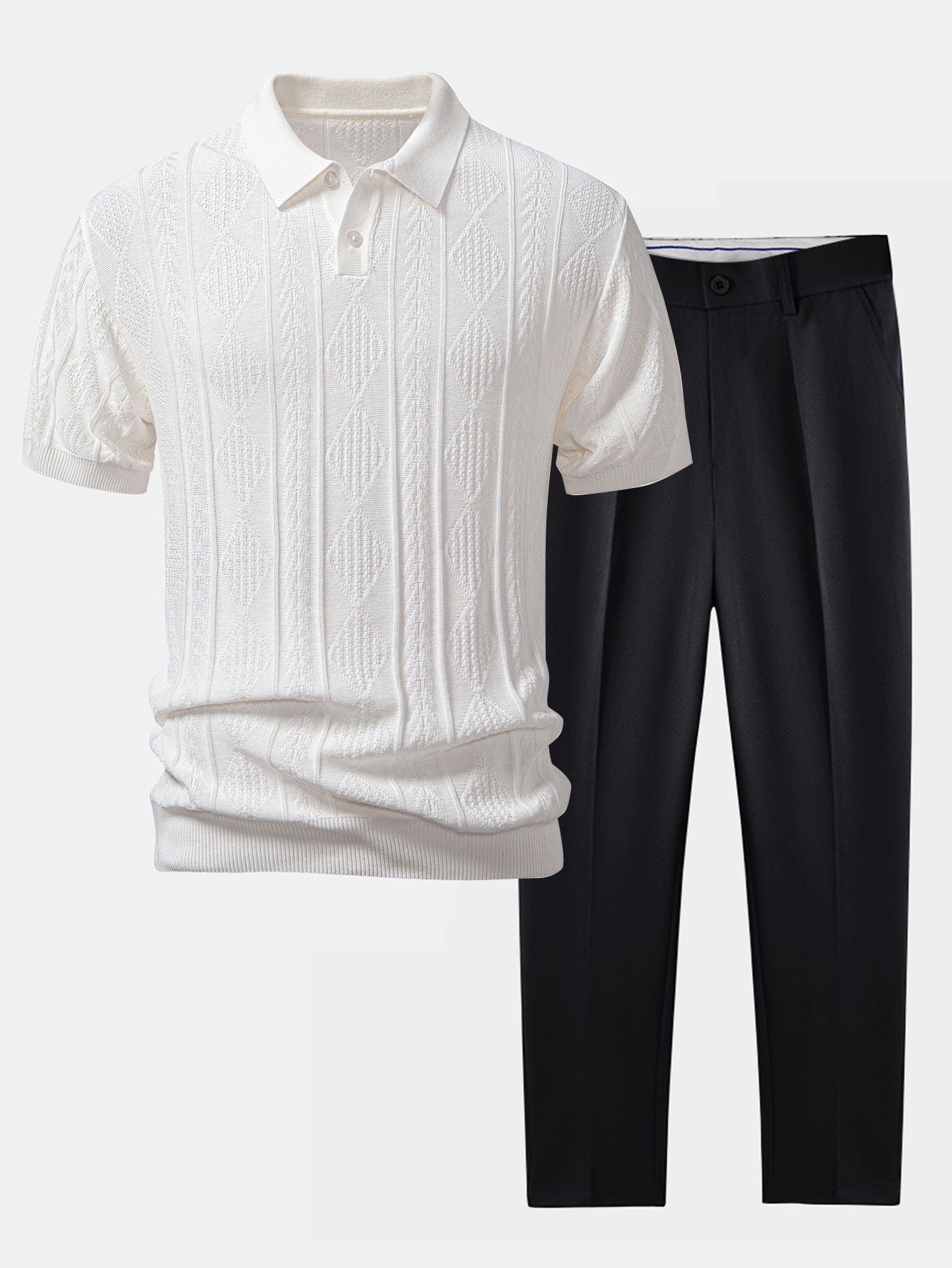 Geometric Jacquard Knitted Polo Shirt & Slim Fit Tapered Trousers | Last day 80% off!