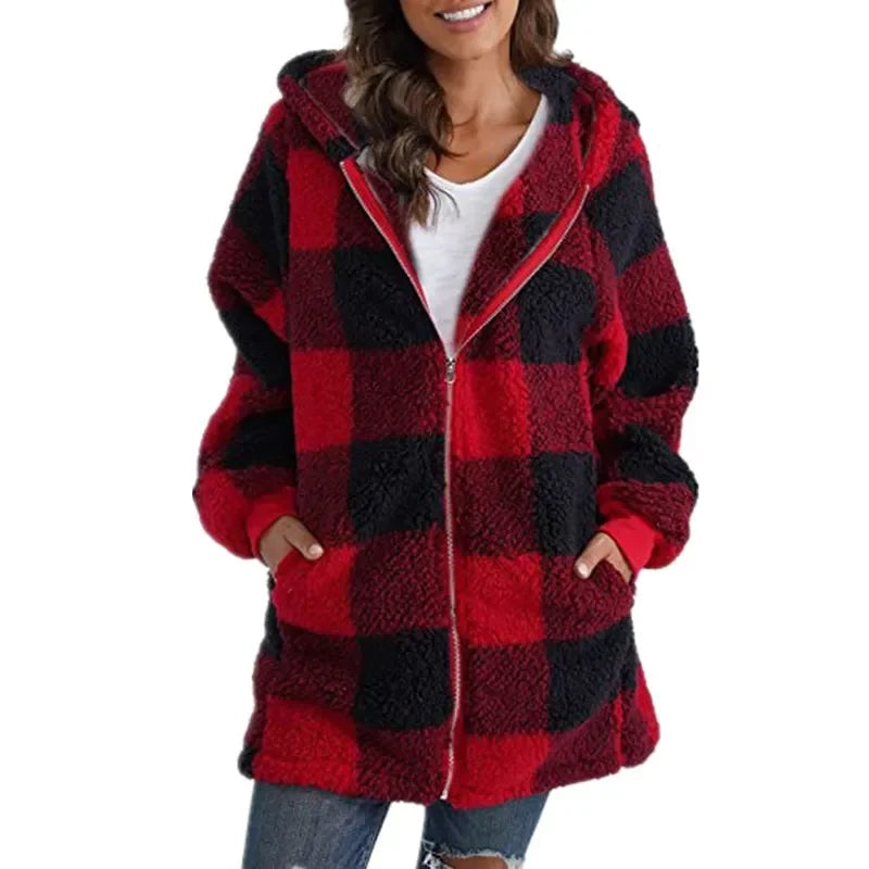 Women's Plaid Fleece Hooded Coat – Zipper, Pockets, Casual Loose Fit Last day 80% off!