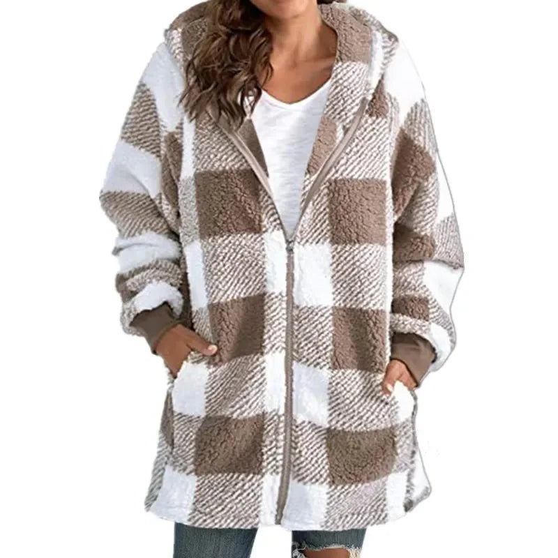 Women's Plaid Fleece Hooded Coat – Zipper, Pockets, Casual Loose Fit Last day 80% off!