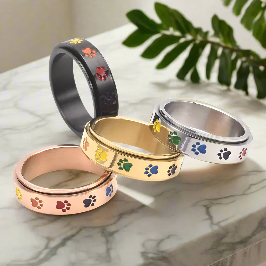 Spinning Stress-Relief Paw Ring – Stainless Steel with Rainbow Paws | Last Day 80% Off!