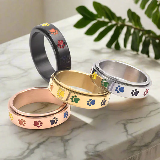 Spinning Stress-Relief Paw Ring – Stainless Steel with Rainbow Paws | Last Day 80% Off!