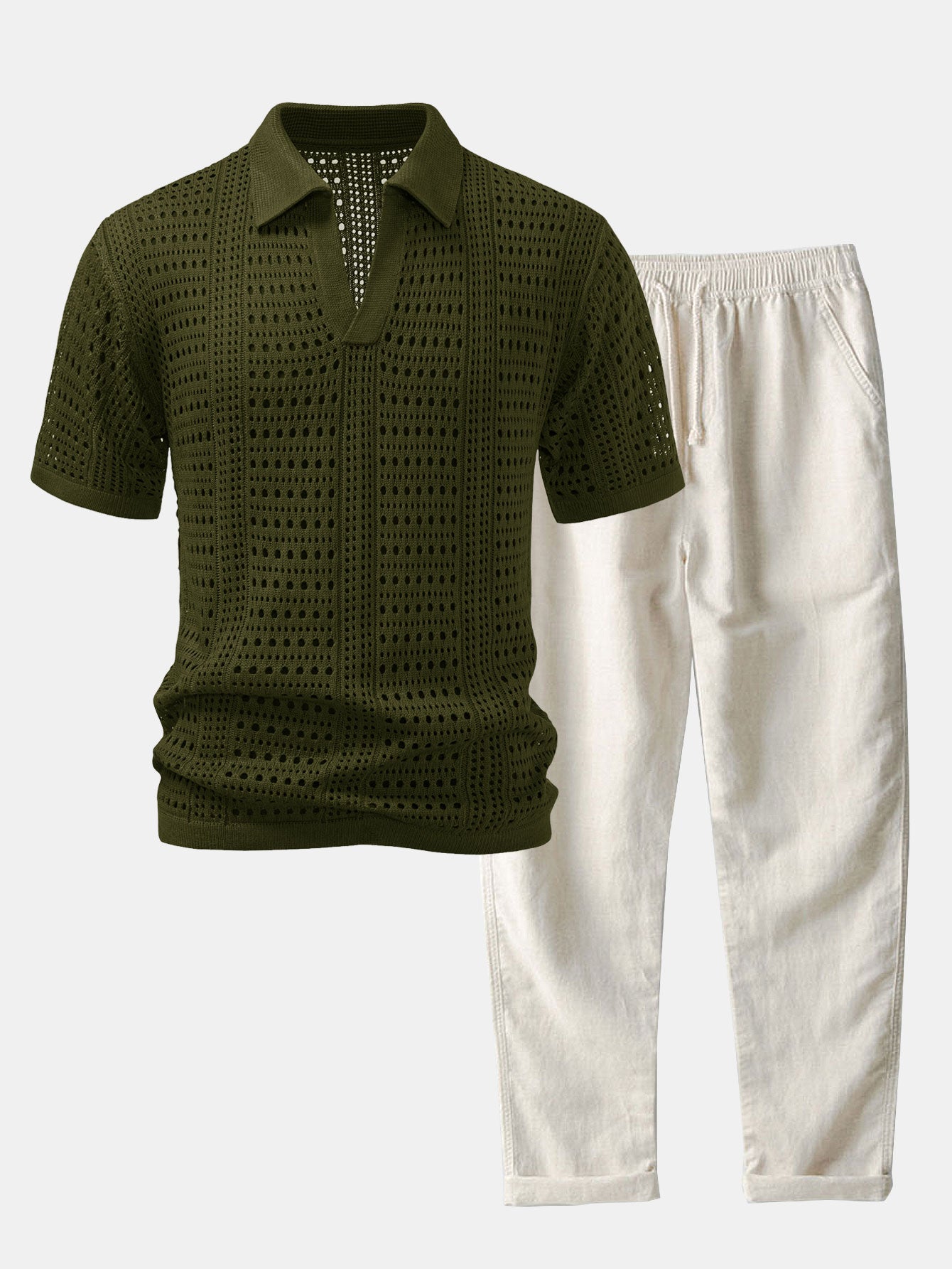 Crocheted V-Neck Polo Shirt & Linen Straight Leg Trousers | Last day 80% off!