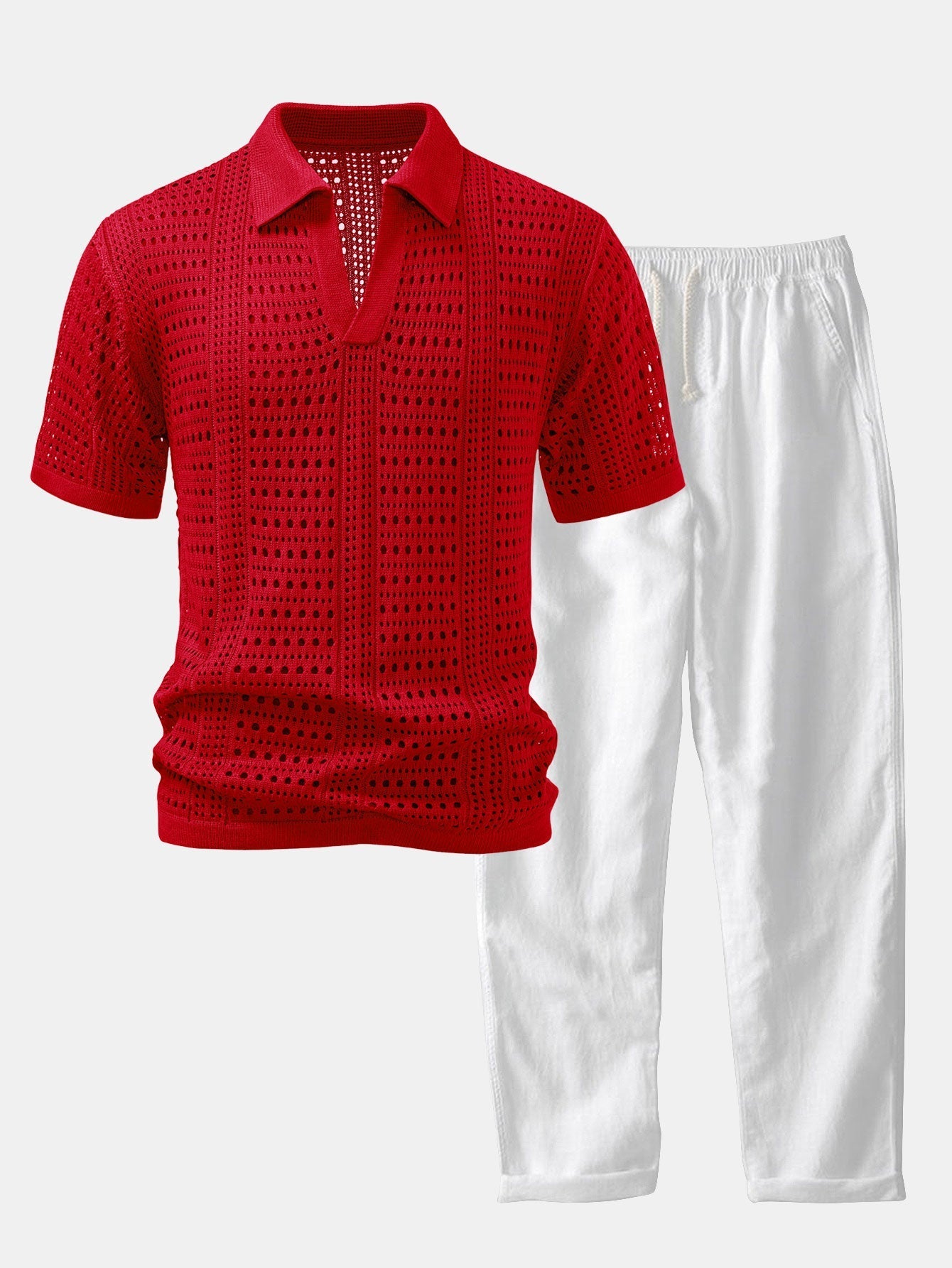 Crocheted V-Neck Polo Shirt & Linen Straight Leg Trousers | Last day 80% off!